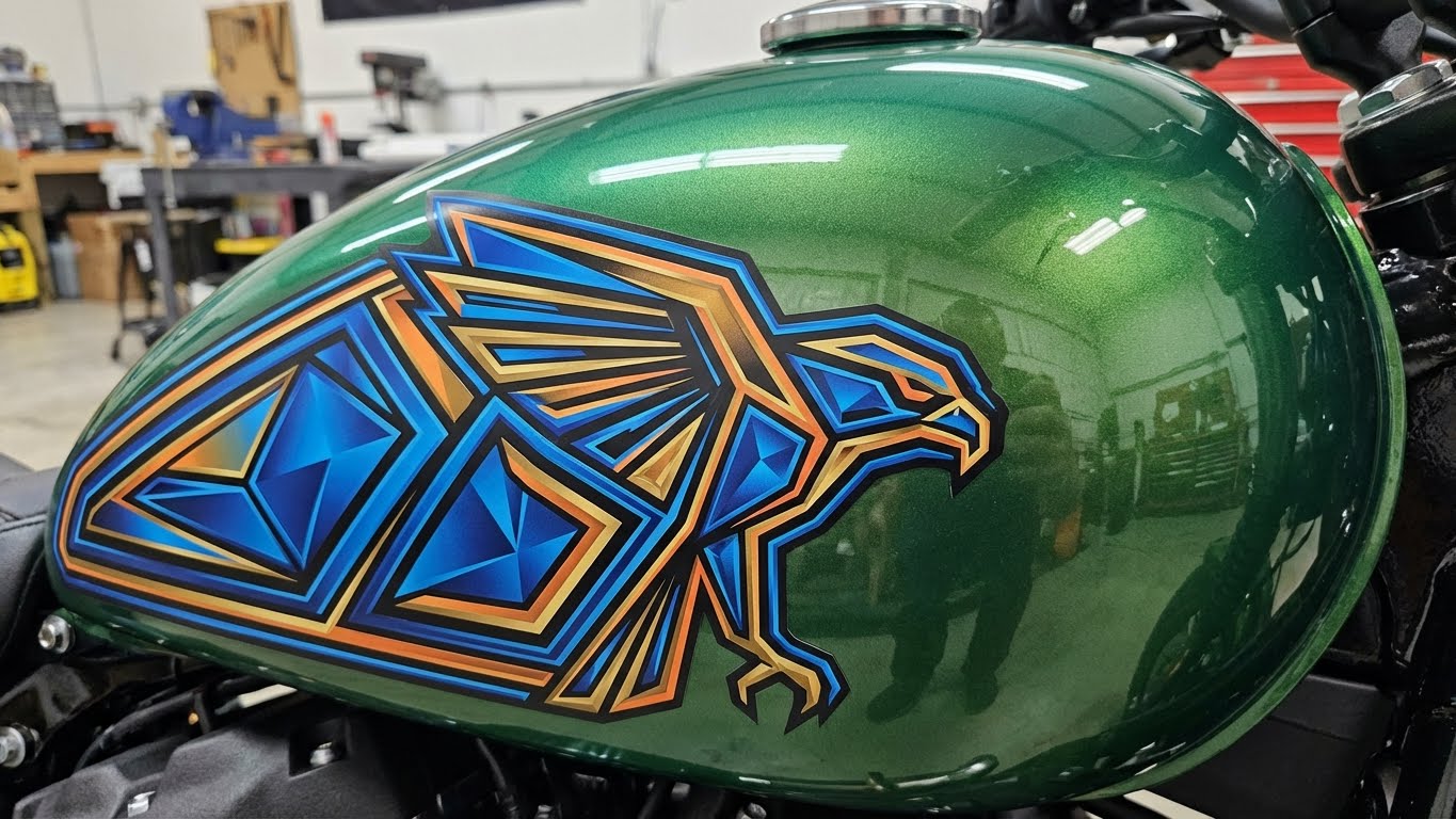 Kit déco moto personnalisé aigle stylisé bleu or sur réservoir vert